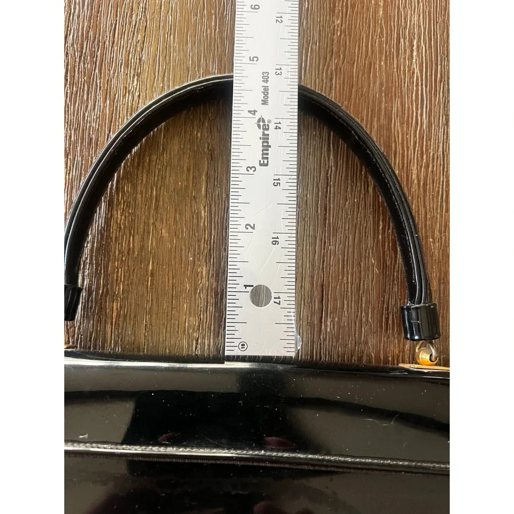 Vintage Lewis Black Patent Leather Handbag Structured Top Handle Gold Hardware